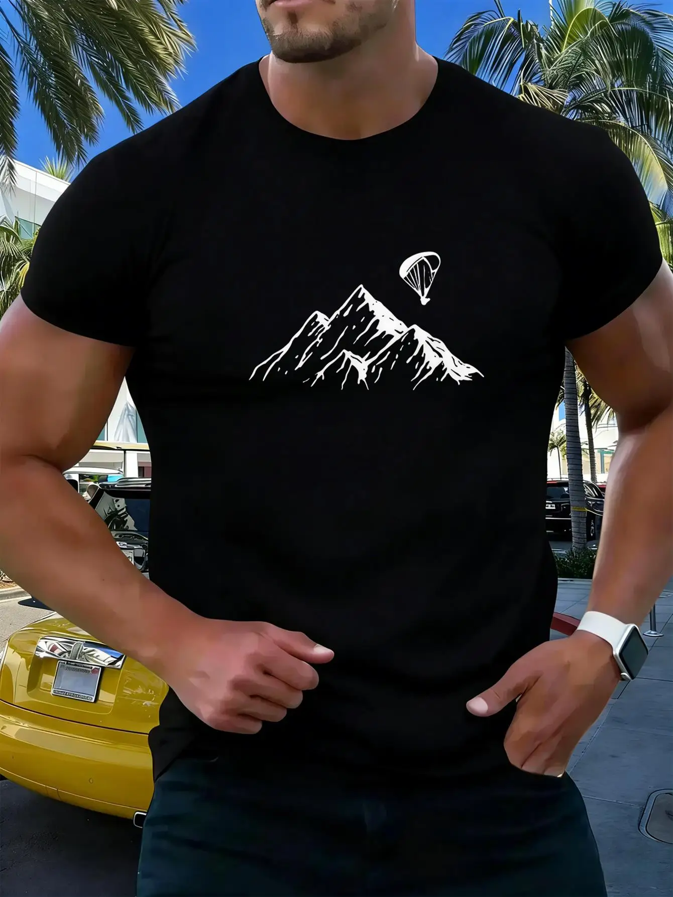 Men's Minimalist Natural Style T-Shirt, Featuring a Combination of Line Art of Mountains and Paragliding Elements, a Stylish and Breathable Skin-Friendly Top, Suitable for Outdoor Enthusiasts and Literary Fashion