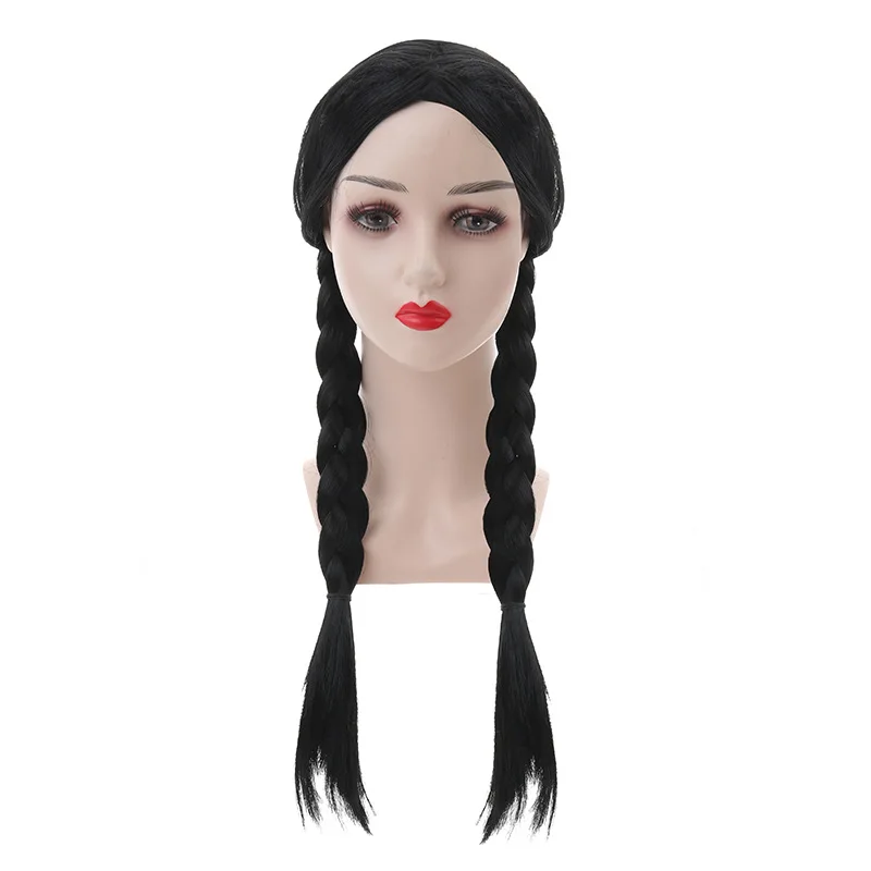 Long Black Braided Wig With Bangs Pigtail Wednesday Wigs Halloween Gothic Costume Braids Anime Double Braided