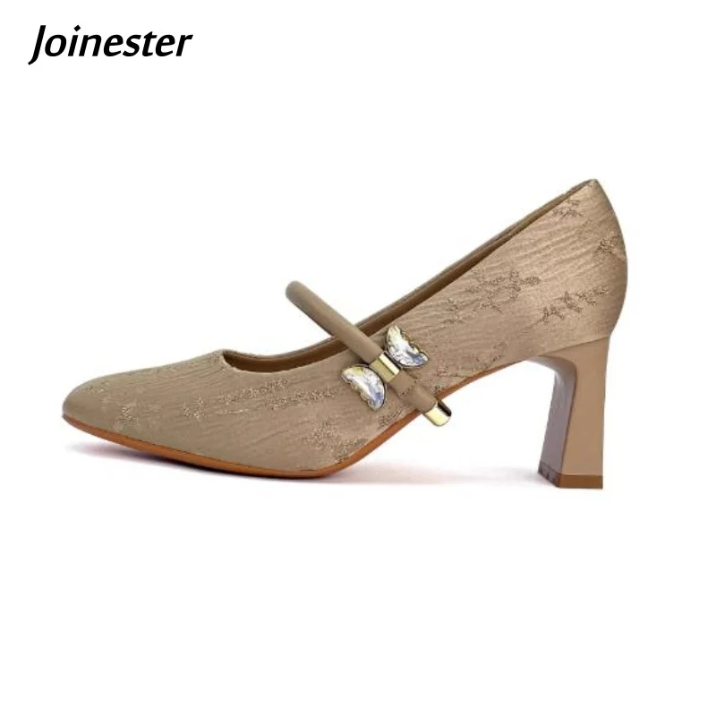 

Elegant Pointed Toe High Heel Dress Shoe for Ladies Summer Vintage Chunky Heel Party Pumps Fashion Embroidered Mary Jane Shoes