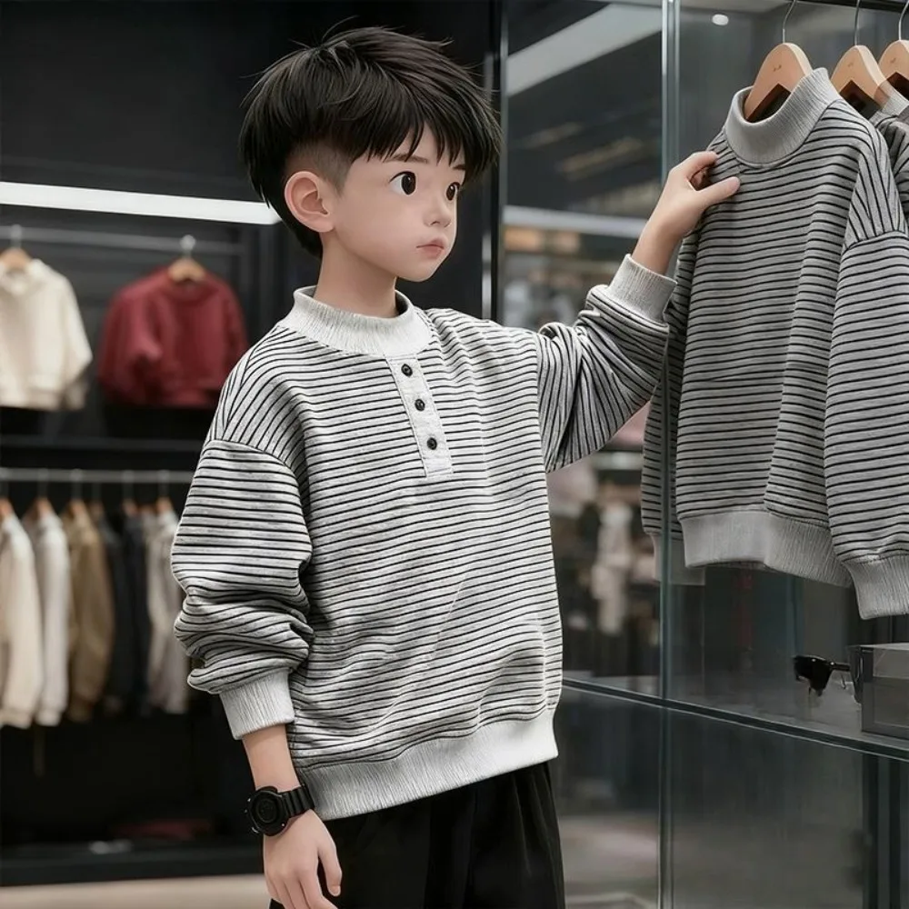Boys Fleece Lined Sweatshirt Winter Striped Top Kids Warm Thermal Base Layer Shirt Children Casual Pullover