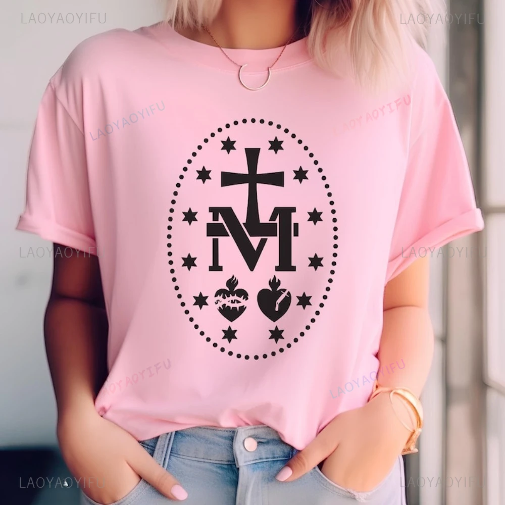 Camiseta de la Virgen María católica de Marian, regalo cristiano católico tradicional, camiseta informal holgada de moda Harajuku para mujer, ropa de calle