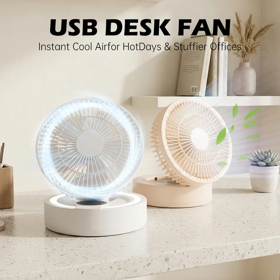Foldable Rechargeable USB Desk Fan with Lighted Makeup Mirror and 1-6H Timer