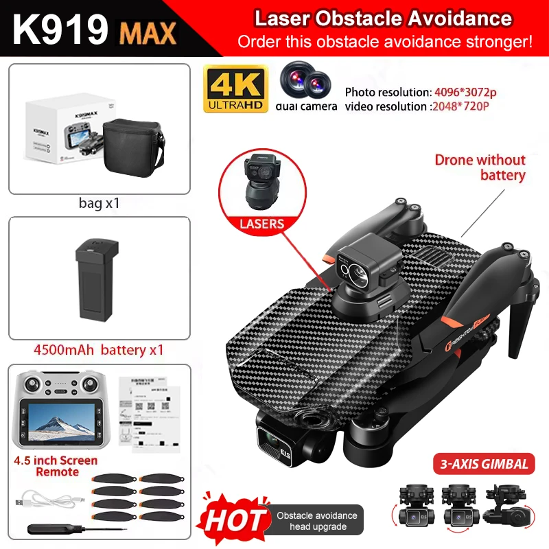 K919 Max Drone GPS 4K Professional HD Dual Cameras 3-Axis Gimbal 5G WIFI Brushless Obstacle Avoidance Foldable Quadcopter Toys