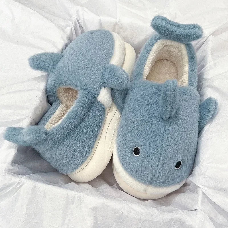 Cute Little Shark Cotton Slippers Women's Autumn and Winter Cotton Slippers Men Home Thick-Soled Couple Indoor