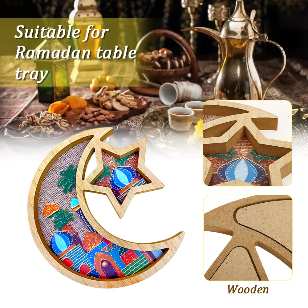 รอมฎอนตกแต่งไม้ Eid Mubarak Sun Star Moon ถาดจานอิสลามมุสลิม Party Supplies Eid Mubarak ตกแต่ง