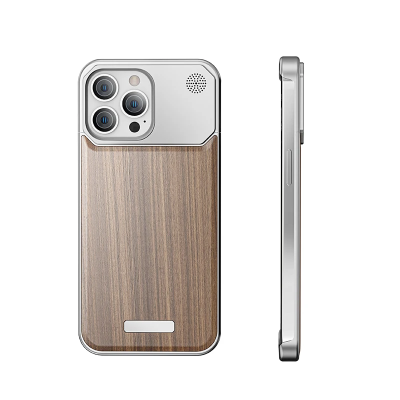 Luxury Metal Wooden Phone Case For iPhone 15 13 14 Pro Max Borderless Cooling Aromatic Phone Shell Walnut Wood Metal Back Cover