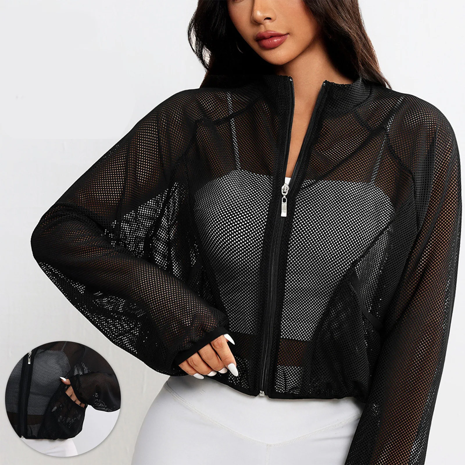 

Женский топ для тренировок, прозрачная сетчатая куртка с длинным рукавом на молнии, спортивный топ для йоги, прозрачная верхняя одежда для спортзала, пешего туризма, езды на велосипеде