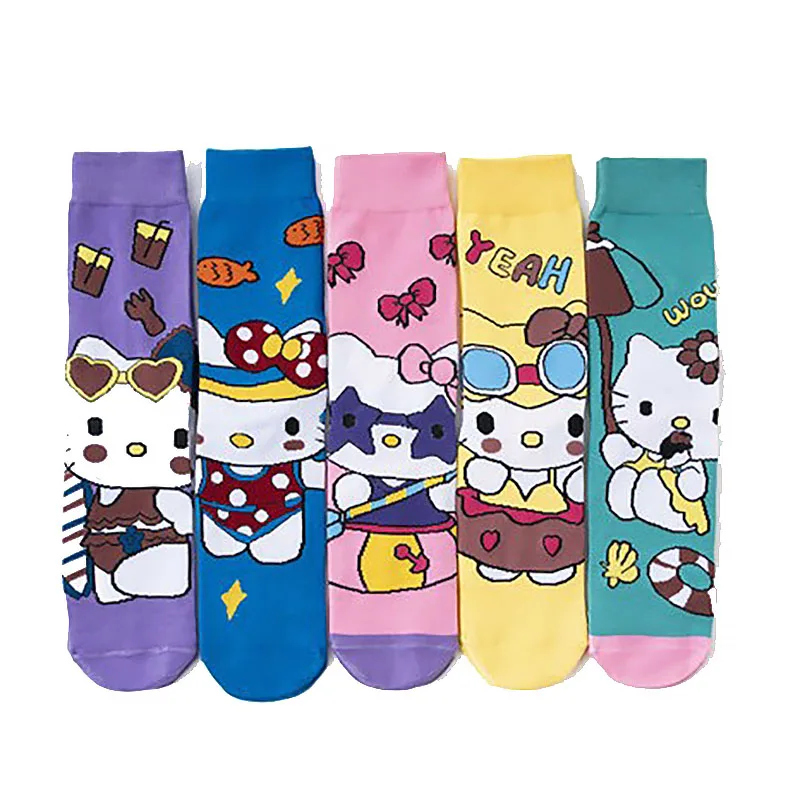 

New Hello Kitty Socks Cartoon Sanrio Women's Mid-calf Socks Cute Four Seasons Female Cotton Socks Sweat Absorbent Average Size