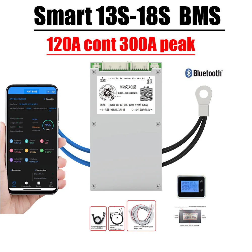 13S 14S 16S 17S 120A Ant Bluetooth Smart BMS Lithium Battery Protection Board 36V 48V 52V 60V Li-ion Lipo Lifepo4 MAX 300A