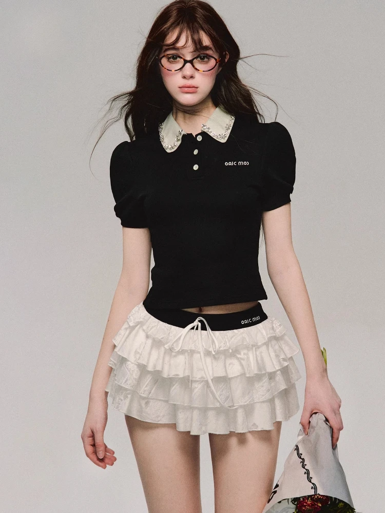 

Splice Pseudo Two-piece Polo Neck Short-sleeved T-shirt For Women Vintage Korean Style Commuting Collegiate Style Top For Summer