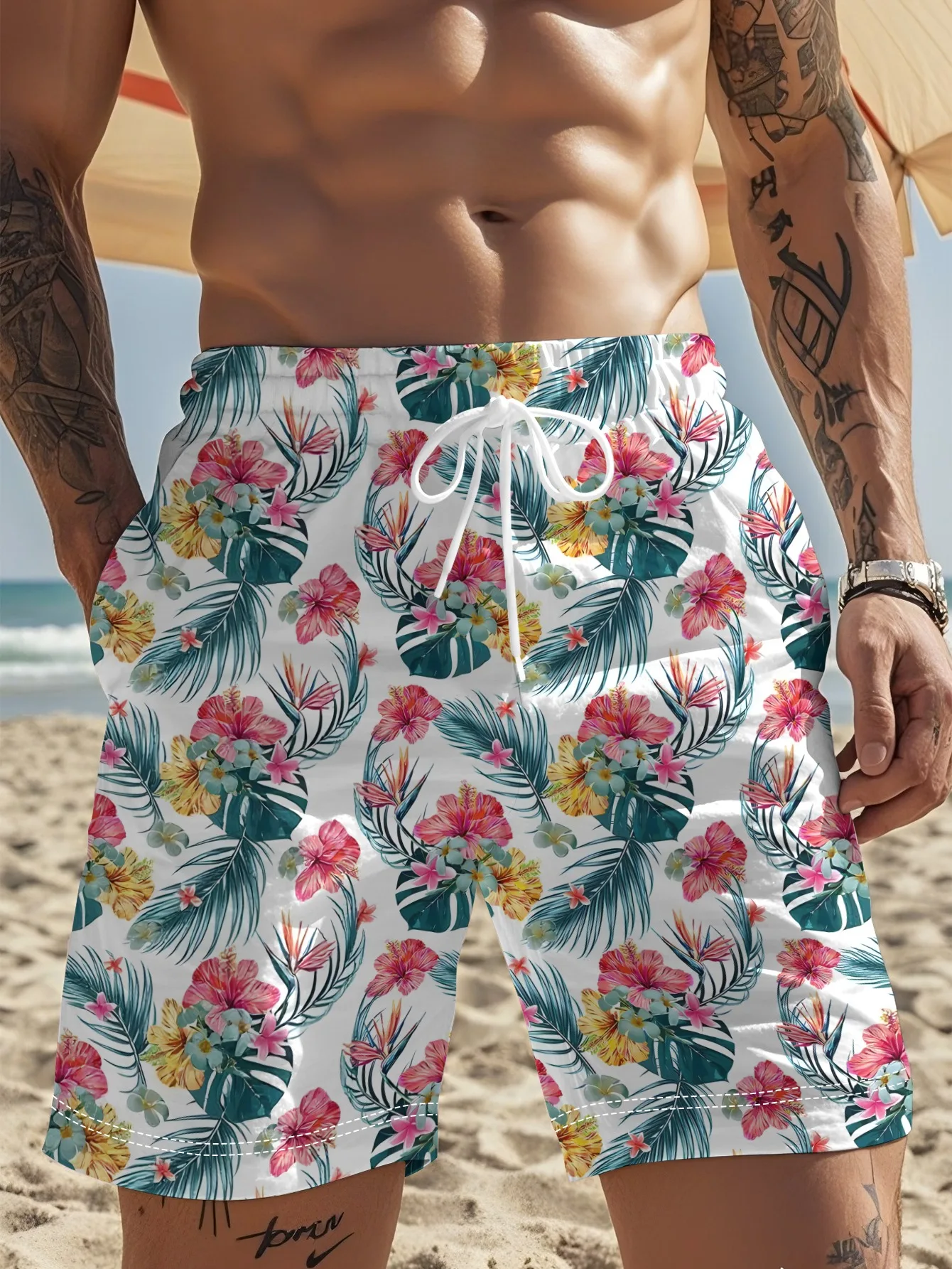 Mens Tropical Floral Palm Print Quick Dry Board Shorts Elastic Drawstring Swim Trunks Summer Beach Daily Casual Outfit