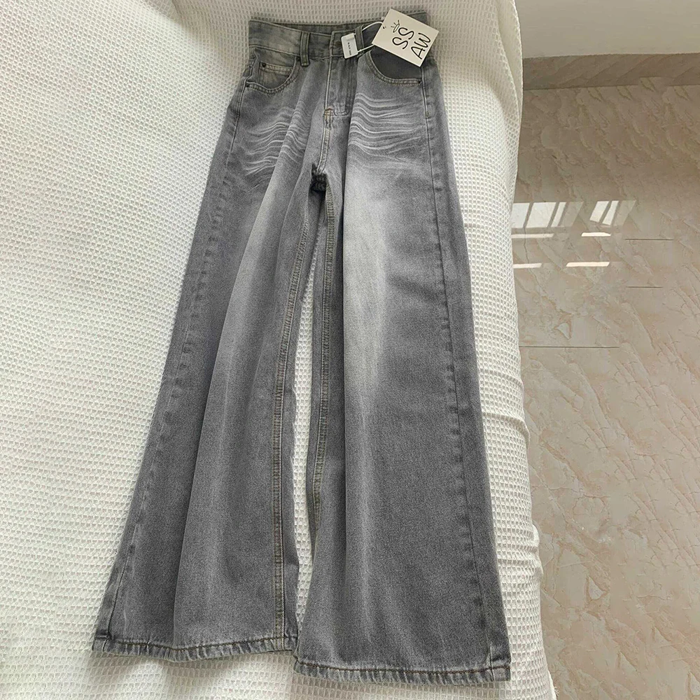 

Женские джинсы с градиентным серым оттенком, модные, с высокой талией, повседневные, прямые, свободные, джинсовые брюки, уличный стиль, полноразмерные, широкие джинсы-клеш