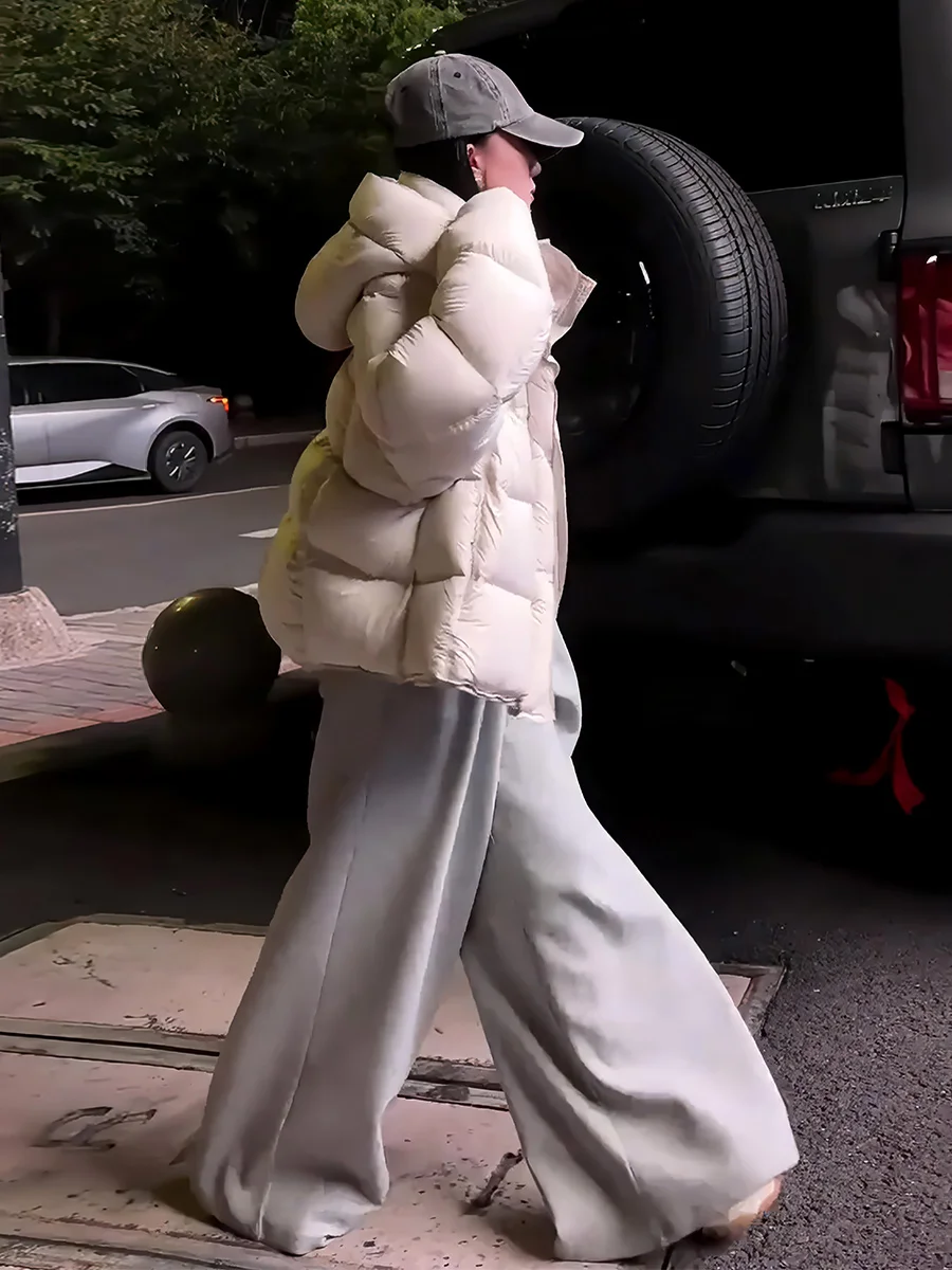 여성용 오트 화이트 다운 재킷 후드 스트링 따뜻한 패셔너블 겨울 코트 출퇴근용 탈부착 가능한 후드