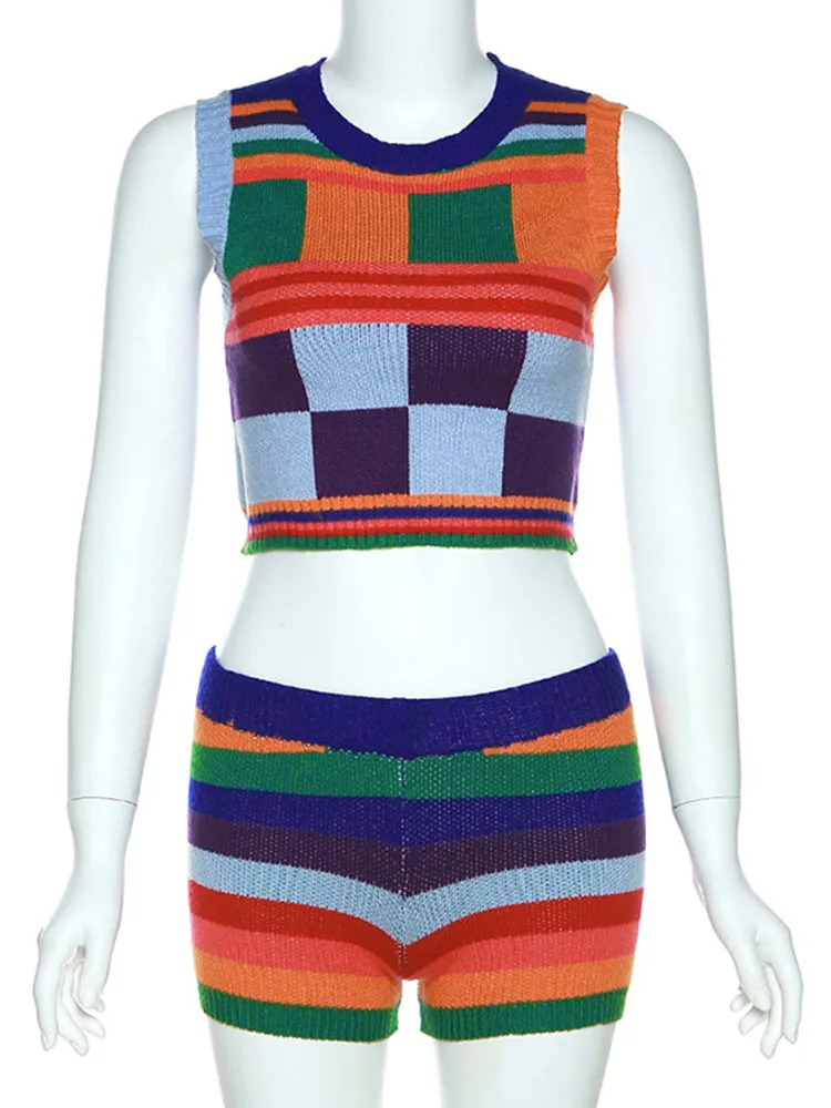 Simenual Knitted Colorful 2 Piece Summer Set Women Panelled Sleeveless O-neck Tank Tops and Striped Sheath Shorts Co-ord Outfits