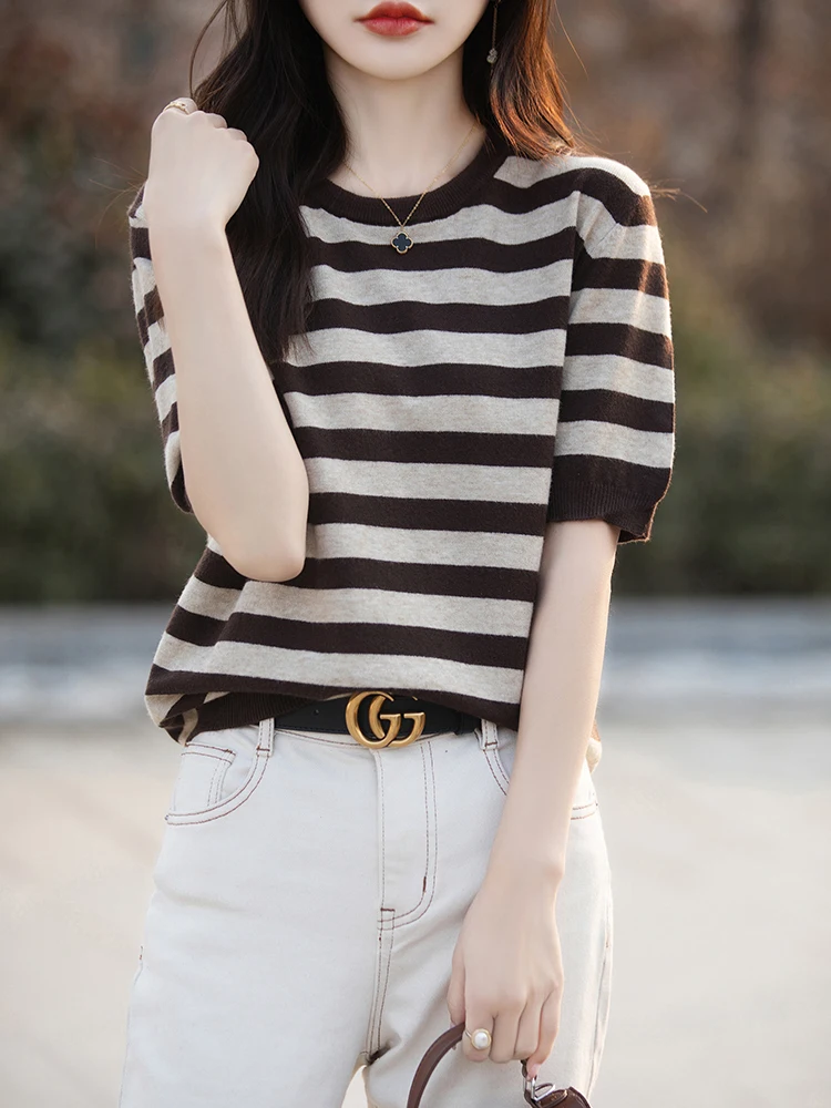  Feel Summer round Ne Striped ort Sve Women's Knitwear Loose Top Inner Wear Casual Sle Spring 2025