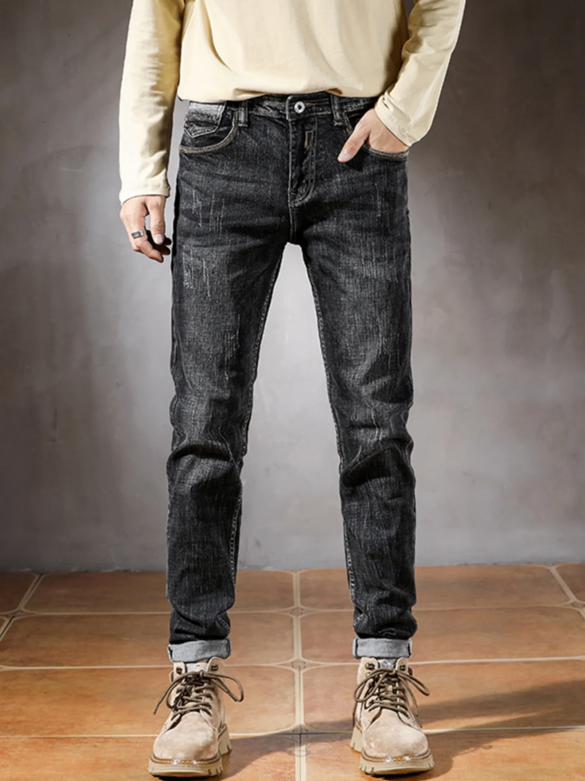 

Fall Men's Jeans Trendy Brand New Bla Elastic Waed Straight Leg Casual Slim Fit Long Pants Youth Cotton Stretch Denim