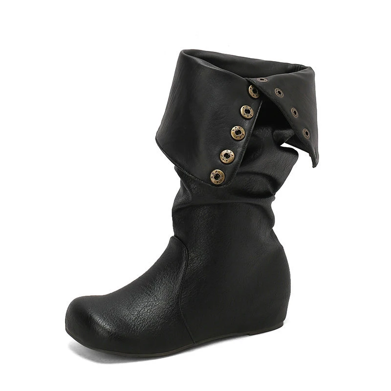 أزرار معدنية فيروزية مترهل حذاء برقبة للركبة مسطح امرأة شتاء 2026 طوي طريقتان لارتداء الأحذية أحذية رعاة البقر الغربية #4