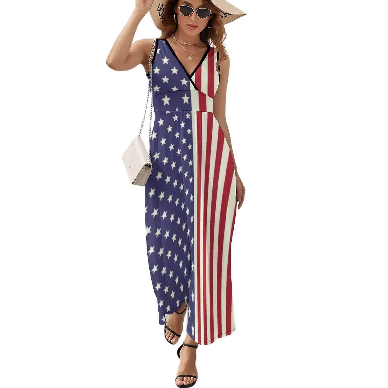 American Flag Patriotic Dress Two Tone Stars Print Street Style V Neck Bohemia Long Dresses Party Maxi Dress Graphic Clothing