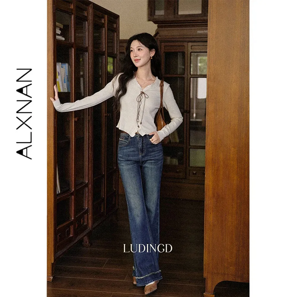 ALXNAN Women's Apricot Knit Sweater Autumn Ruffle Trim V-neck Drawstring Tie Detail Versatile Pullovers 2026 Elegant Top L569157
