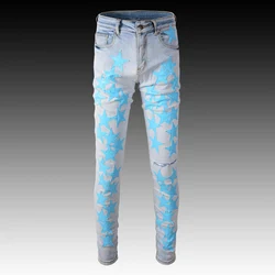 Fashionable new men's jeans stretch slim fit decal washed blue jeans latest designer high street hip-hop brand pants hombre