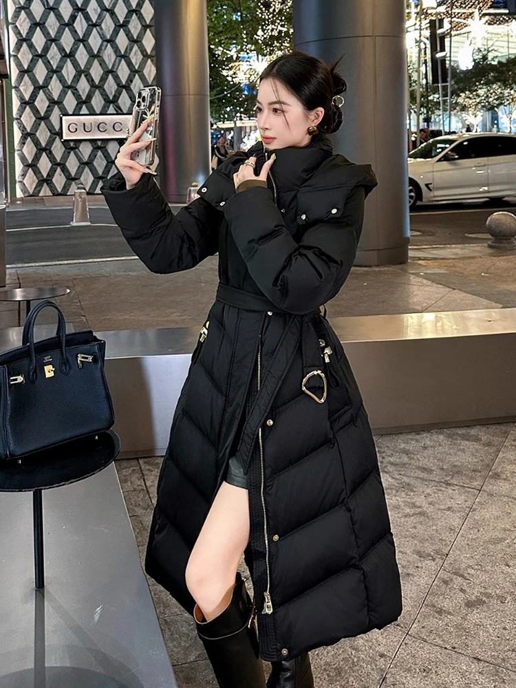 

Зимний длинный свободный пуховик с капюшоном, женский белый утиный пух с поясом, до колена, пуховики, женская теплая парка на молнии, верхняя одежда