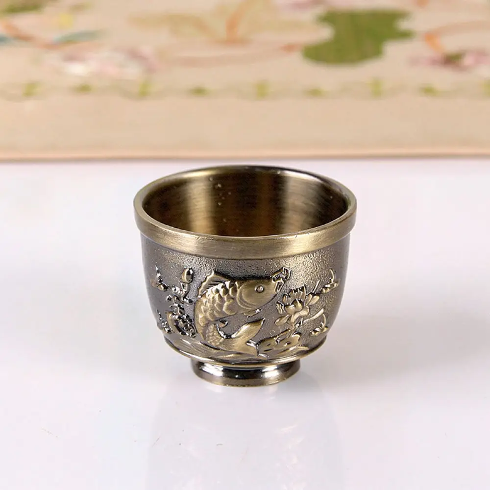 Chinese Aesthetic Bronze Tea Cup Antique Metal Wine Vessel Dragon Phoenix Embossed Drinkware For Tea Ceremony
