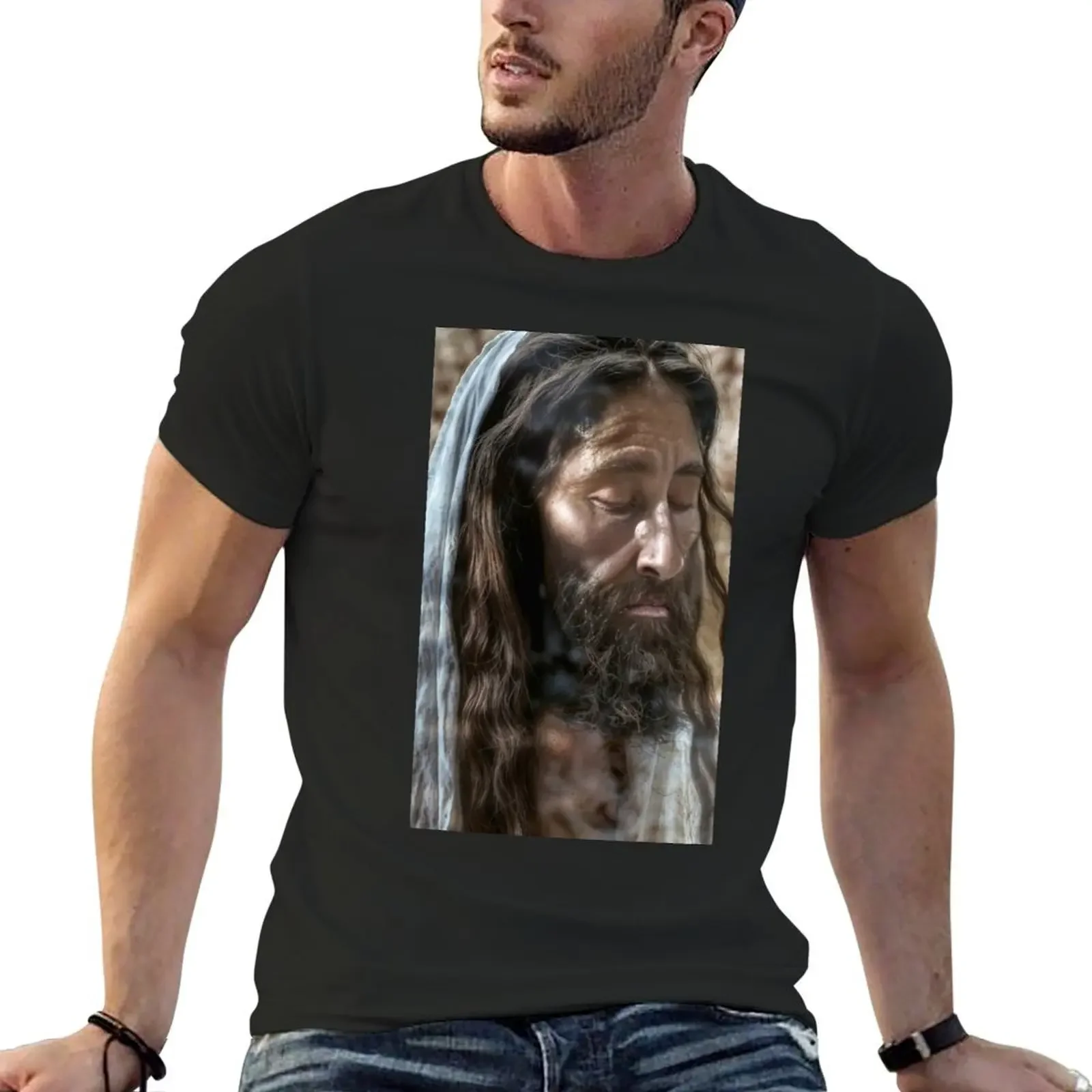 Illuminated Holy Contemplation: A Nighttime Jesus Portrait T-Shirt custom t shirt Blouse mens clothes