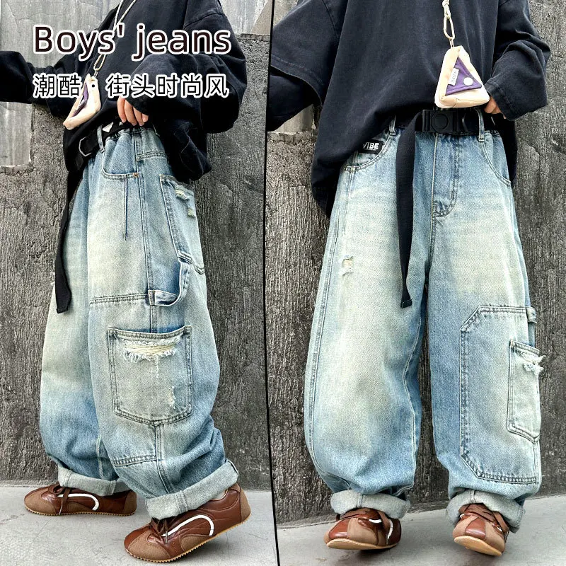 Teen Boys Casual Straight Leg Jeans Spring Autumn Children Loose Fit Torn Denim Cargo Pants Stylish And Trendy Trousers for Kids