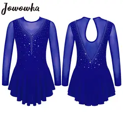 Girls Rhinestone Figure Skating Dress See-through Ballet Leotards Dresses Mesh Patchwork Style Hollow Out Performance Dancewear