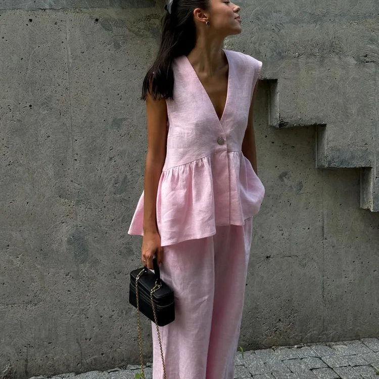 

Vne Svel Top Vest Pants Set Women's Faion Spring Collection Long Pants Button Closure High Percentage of l Fiber