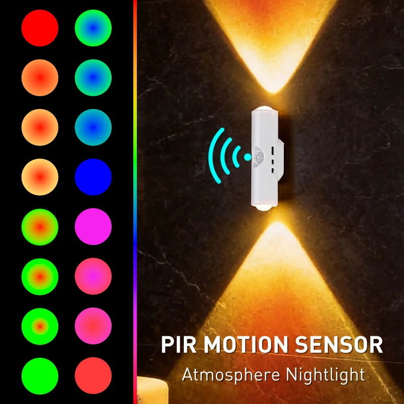 Double Head RGB LED Night Light with Motion Sensor Rechargeable Magnetic Wall Lamp for Cabinet Hallway Stair Mood Ambient Light