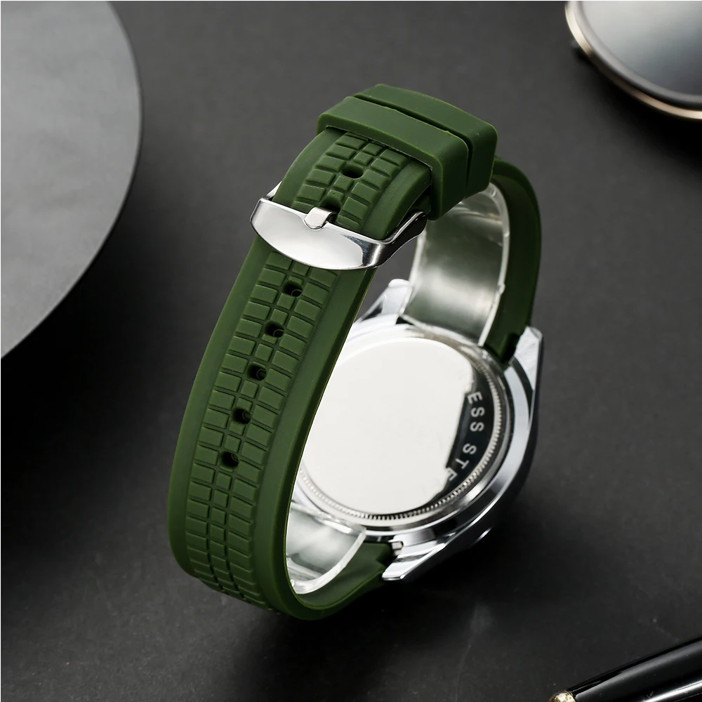 Classic Hand Grenade Dial Watch For Men Sports Silicone strap Quartz Watch Fashion Auto Date Green Wristwatch Man Free Shipping