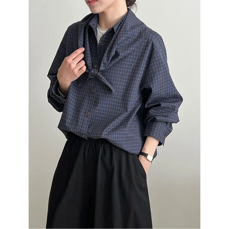 

Vintage Blue Plaid Shirts Autumn Women Loose Long Sleeve Korean Casual Shirts With Triangle Scarf