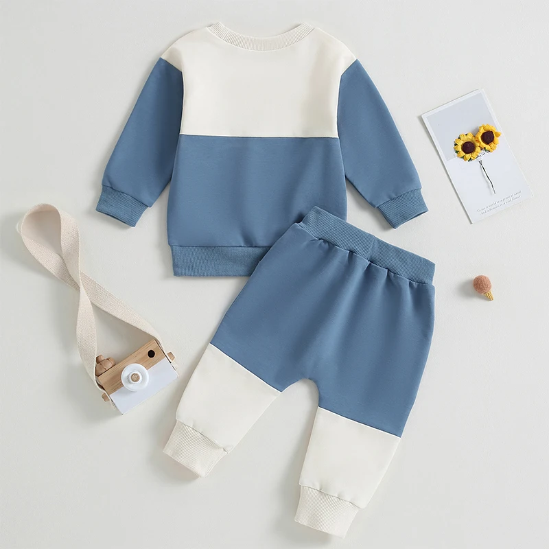 Toddler Baby Boy Clothes Color Block Long Sleeve Sweatshirt Pullover Tops Solid Pants Fall Winter Outfits Set