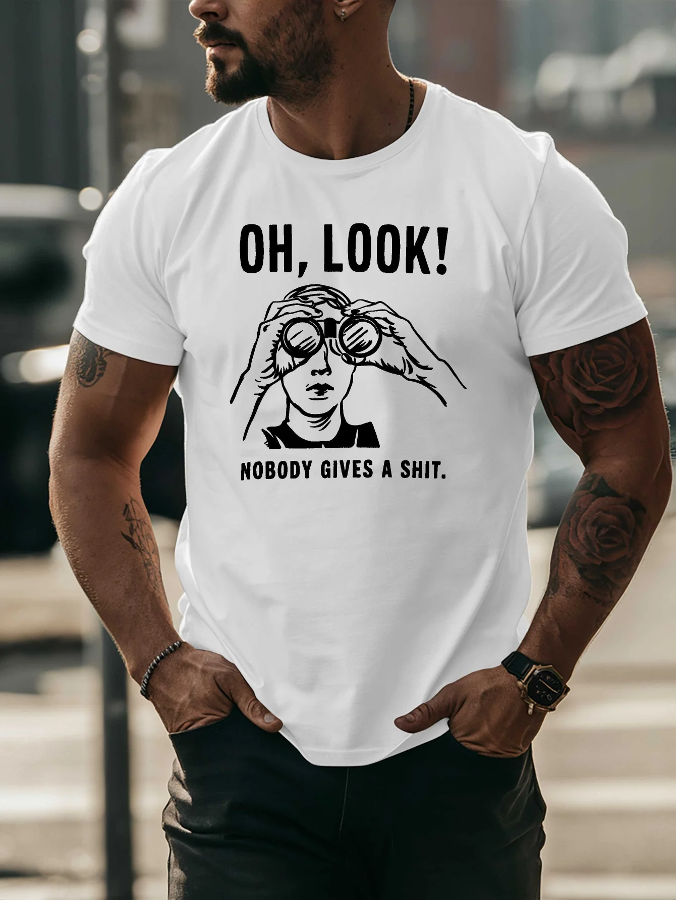 Funny Mens Graphic Tee Oh Look Nobody Gives A Shit Binocular Print Short Sleeve Crew Neck Casual Streetwear Cotton T Shirt