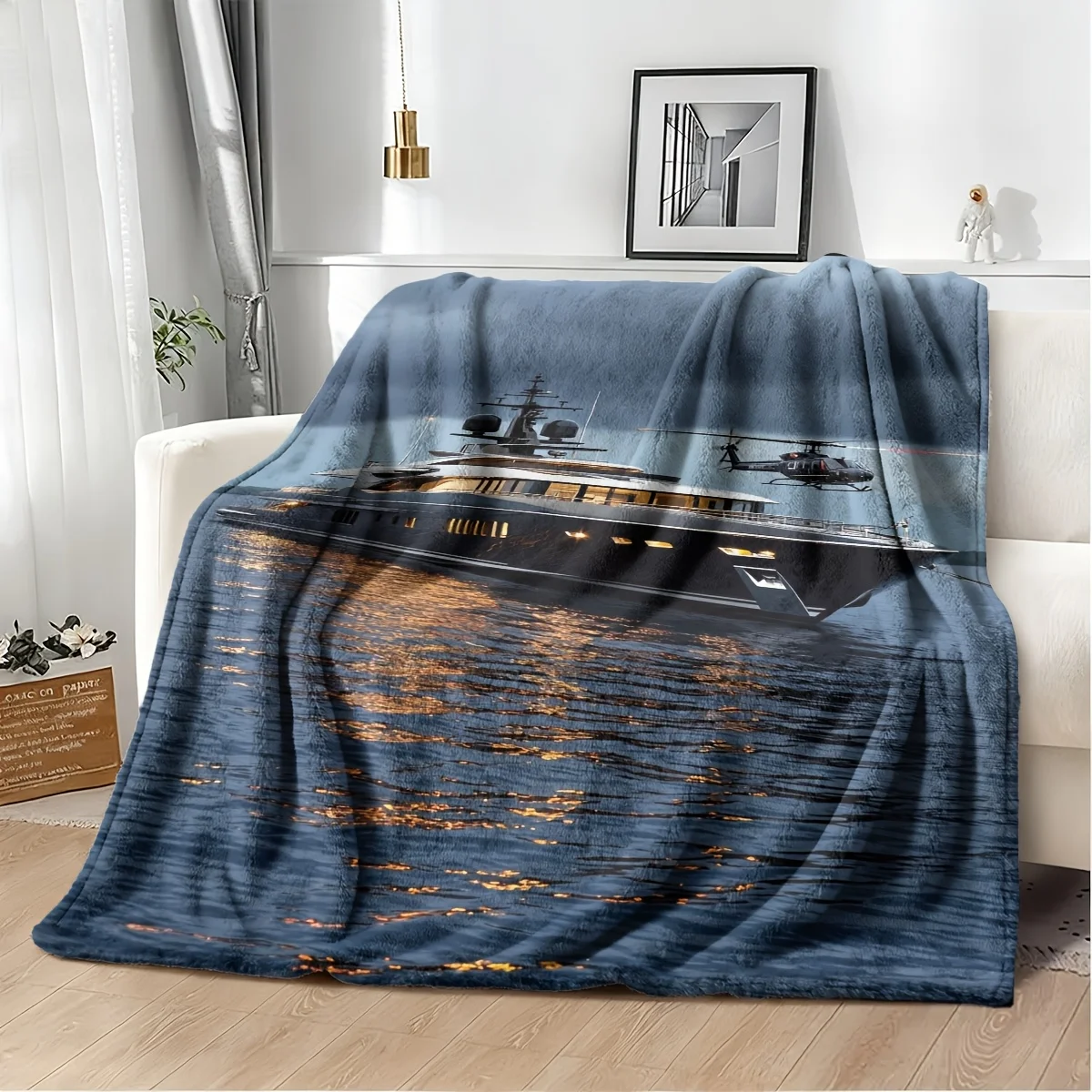 Luxury Nautical Warship Blanket 150x230cm Large Throw Ocean Decor Military Maritime Artwork