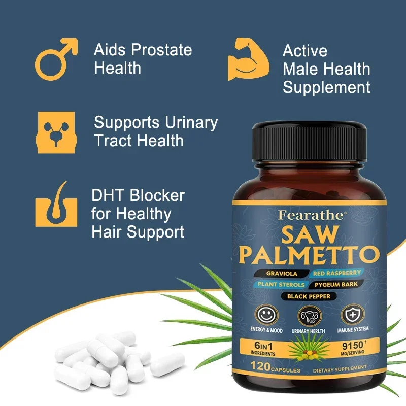 6IN1 Organic Saw Palmetto Supplement for Men and Women, DHT Blocker, Urinary Health and Prostate Health Support Supplement