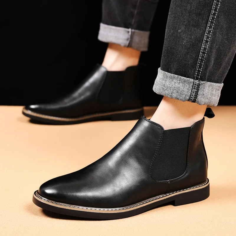 British Style Men's Chelsea Boots Retro Brown Pointed Toe Ankle Boots Man High Top Leather Shoes Men Slip-on Boots Big Size 47 view 5