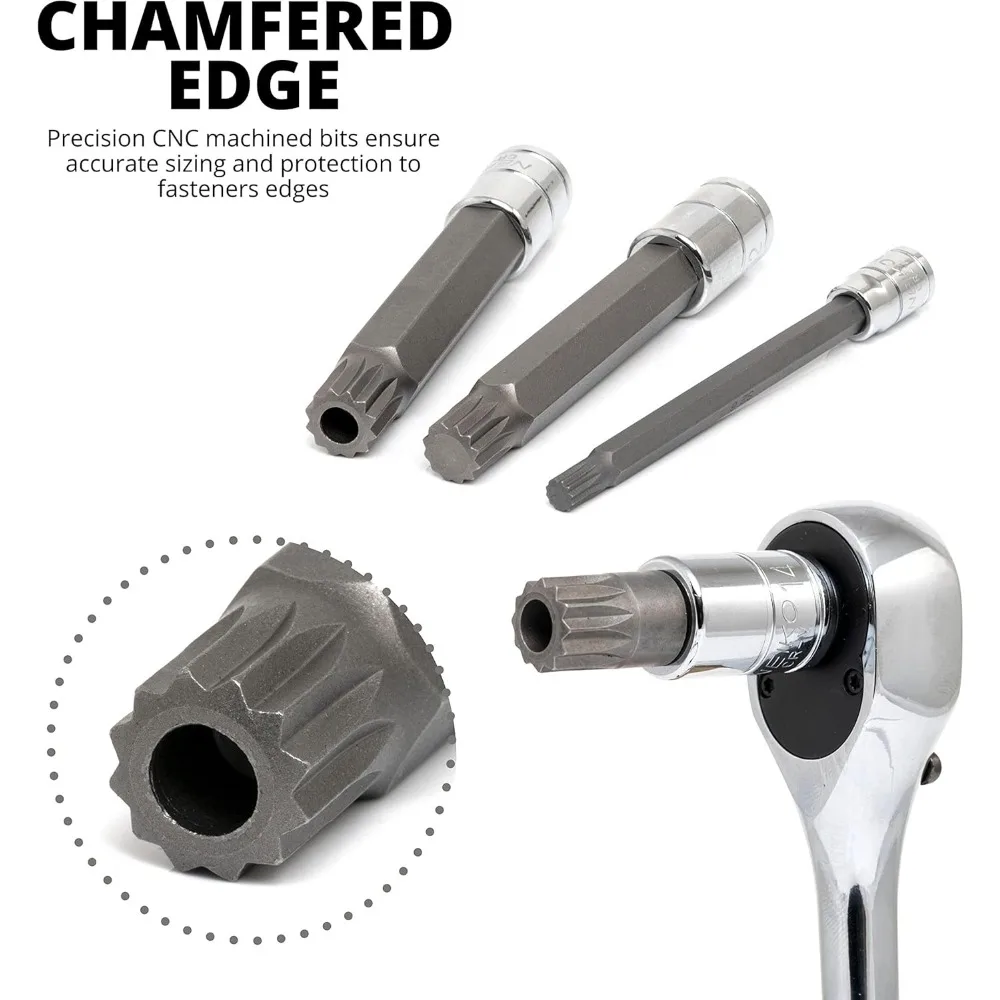 Juego de 20 piezas de casquillos extra largos de 4 estriados, 4 mm a 18 mm, puntas de accionamiento cuadradas a prueba de manipulaciones de 12 puntos