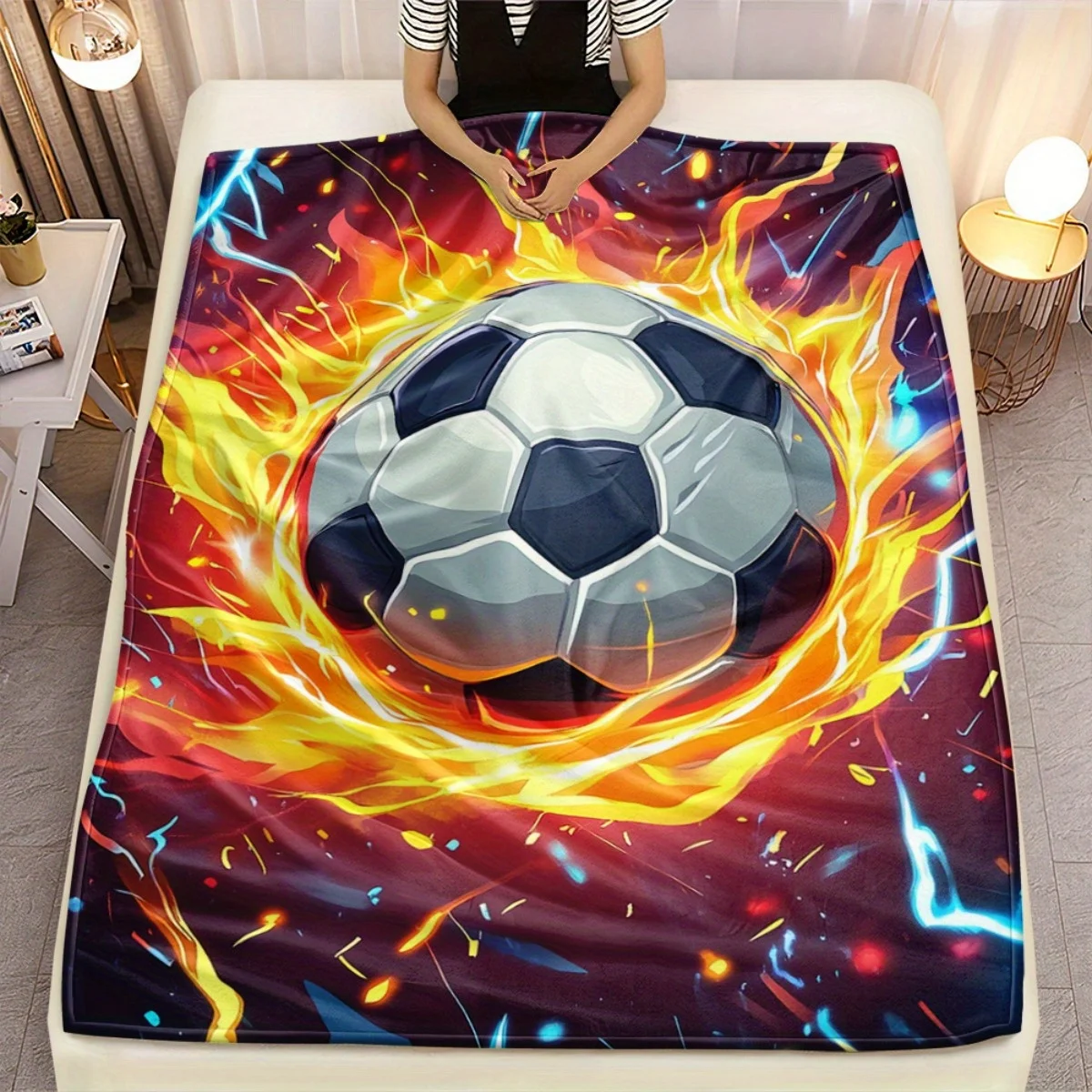 Flaming soccer ball fire effect flannel blanket dynamic sports design energetic football theme blanket for fansbedroomdecoration