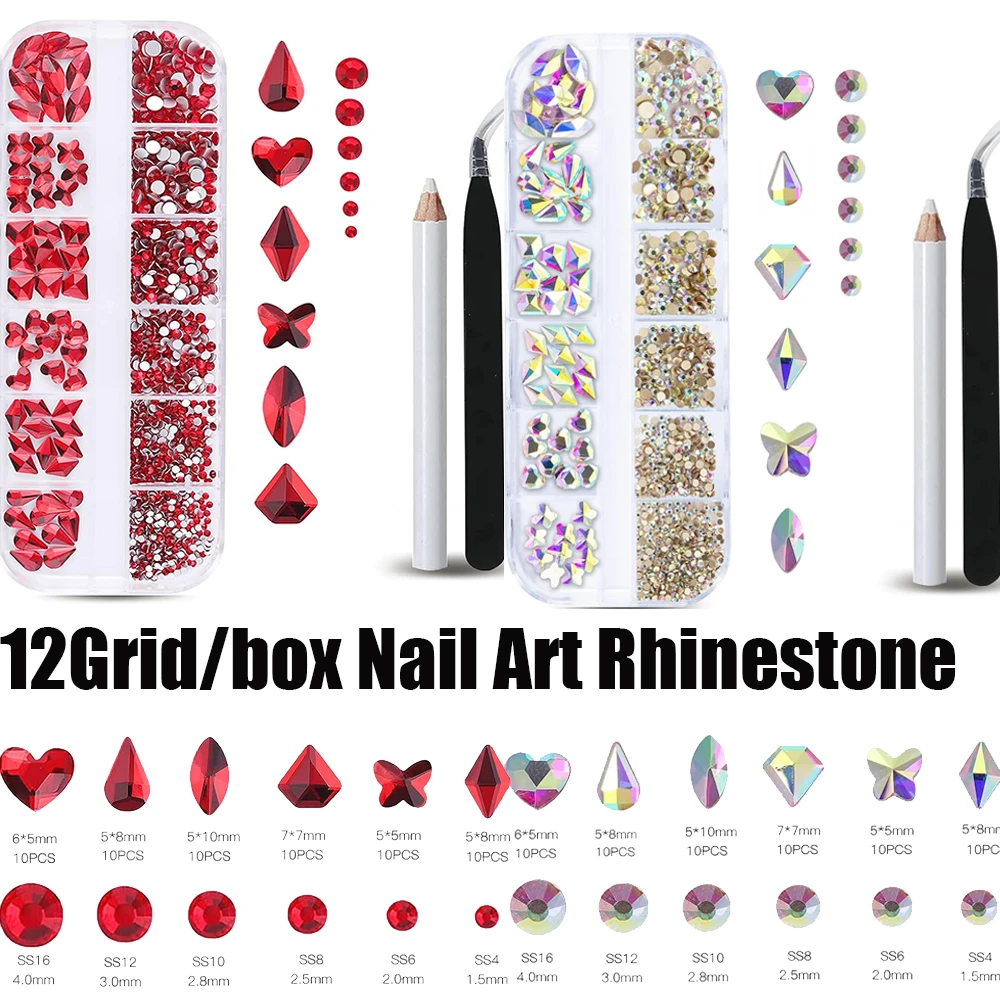 

1200-1500Pcs Mixed Red/AB Nail Art Rhinestone SS6-SS40 1.5-4mm Shiny Nail Crystal With Wax Pen Heart/Butterfly Geometric Diamond