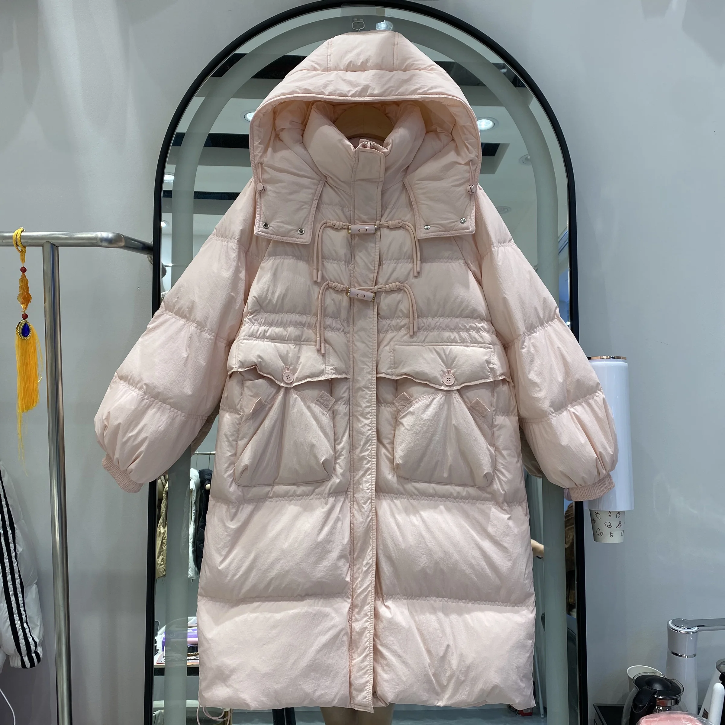 Fall Winter 2023 New Down Jacket Women Hooded Korean Fashion Long Sleeve Casual Warm Thickened White Duck Down Button Coat L421