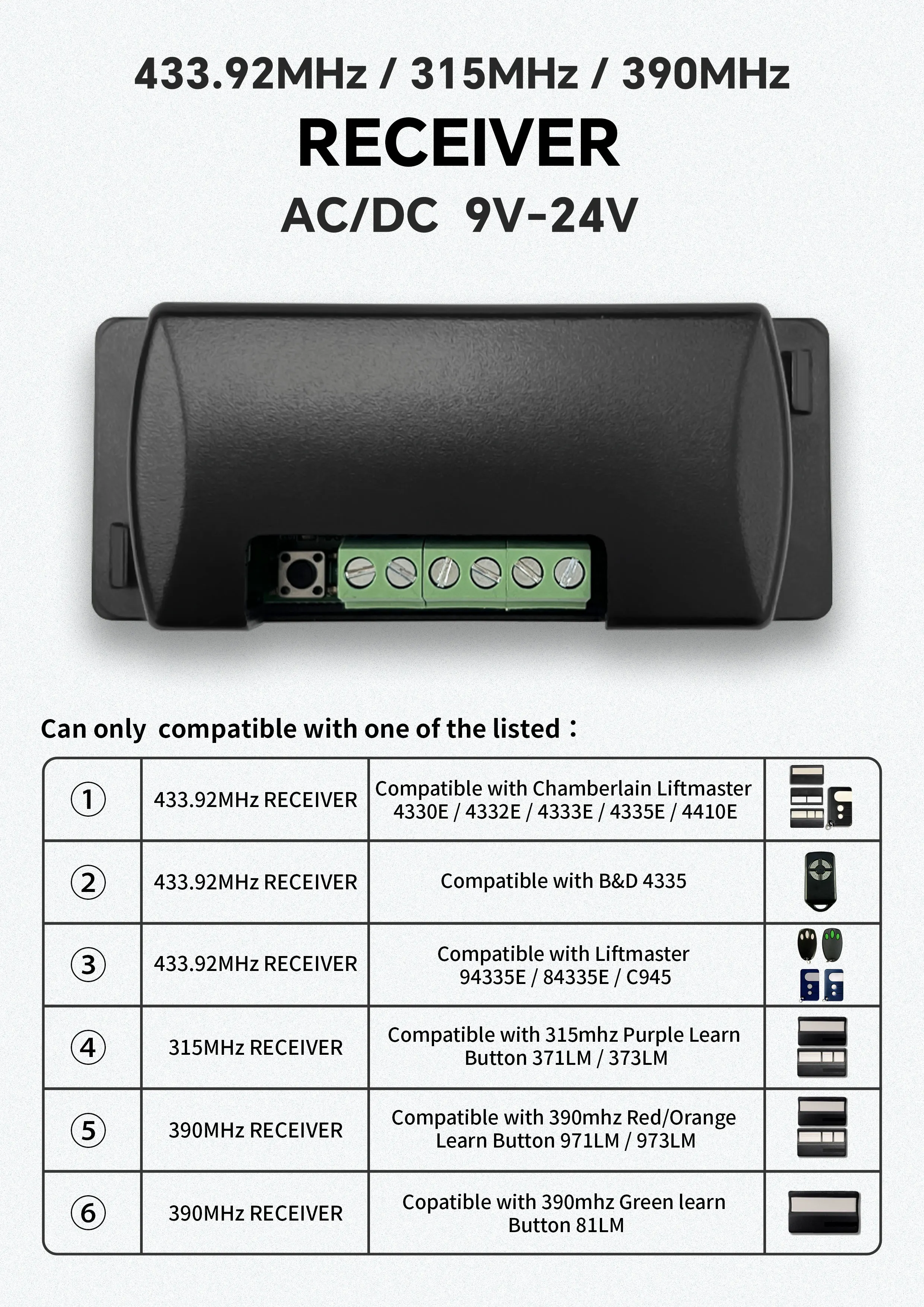 Imagem -05 - para Liftmaster ac dc 9v24v Multi Receptores 94335e 390 315 433.92mhz Canal Controle Remoto da Porta da Garagem com Comando do Receptor