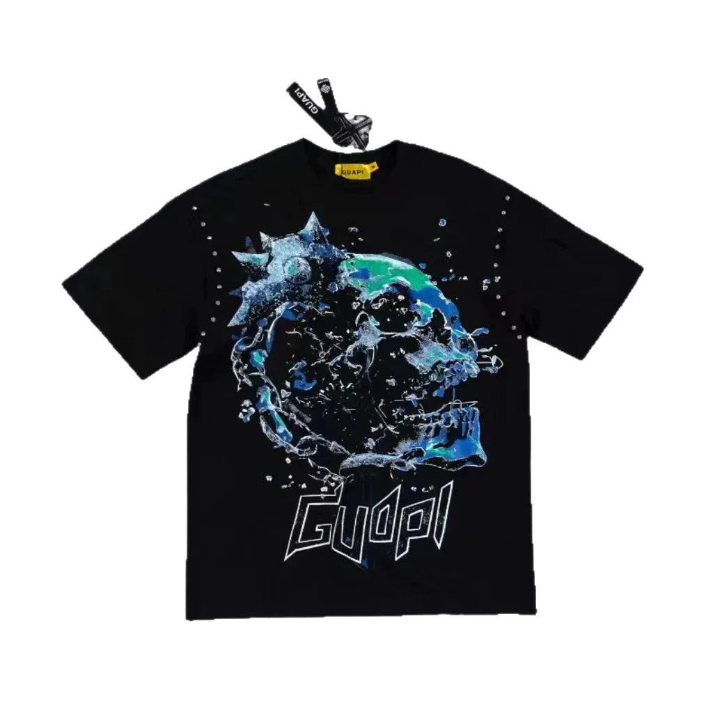 Guapi Retro Ice Blue Chain Skeleton Short Sleeve Side Pinzoned Heavyweight Washed T-Shirt For Men and Women