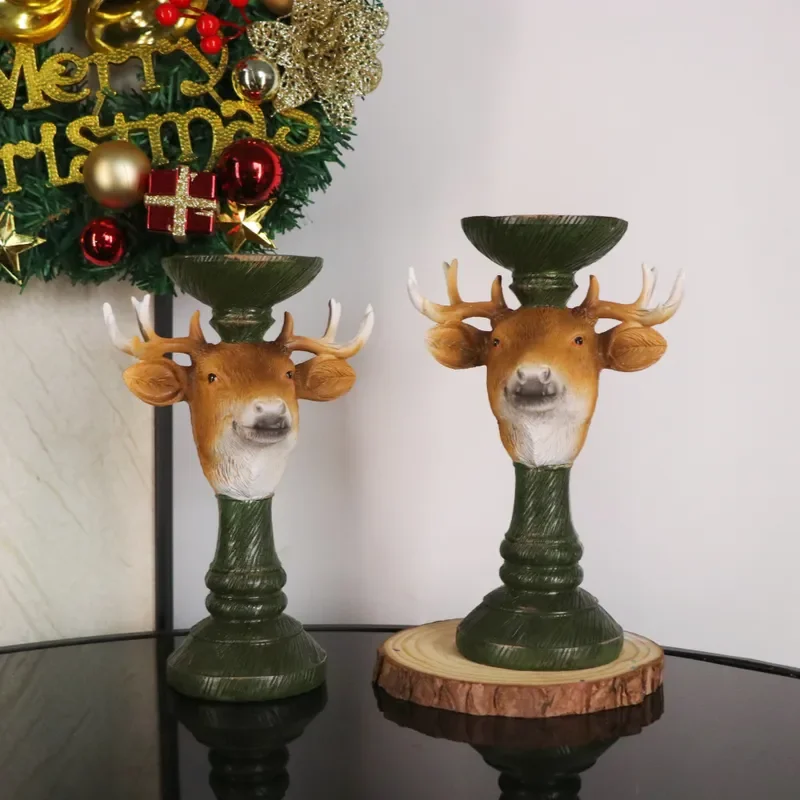 Resin Reindeer Candle Holder Christmas Decoration Retro Elk Statue Antler Ornament for European Home Decor Table Centerpiece
