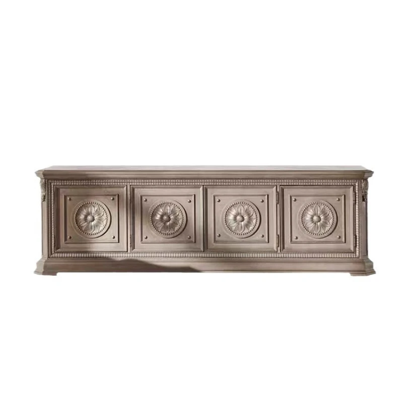 

American TV cabinet light luxury solid wood carving flower floor cabinet audio-visual cabinet French style retro old living