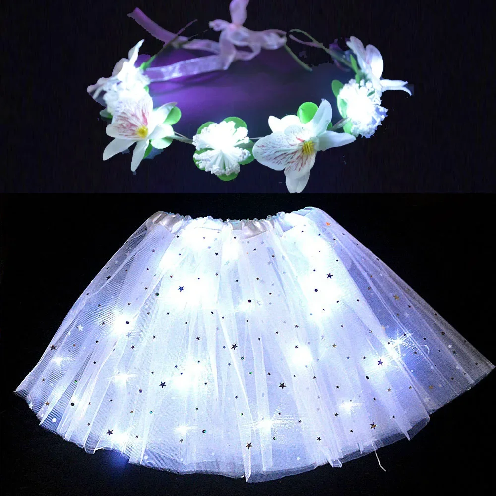 White Flower Girl LED Blinking Wreath Light Up Skirt Tutu Cosplay Ballet Wear for Adult Kids Costume  Halloween Navidad