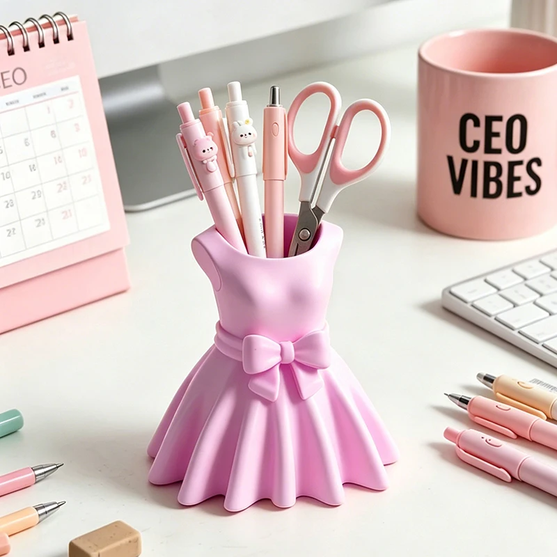 Adorable Pink Dress Shaped Resin Pen Holder with Bow Organizer for Girls Home Bedroom Office Desk Stationery Storage Decorative