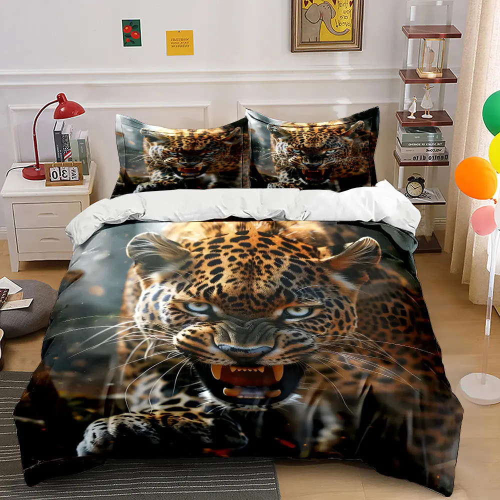 Fierce leopard approaching camera Print Bedding Set 1 Duvet Cover 2 Pillowcases for Adult and Children Luxury Gift Full Size