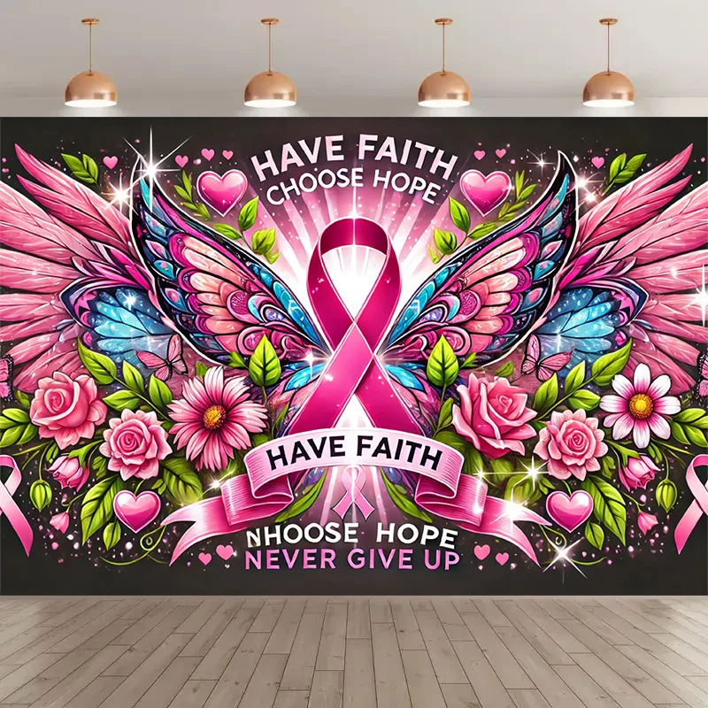 Breast Cancer Awareness Tapestry with Pink Ribbon Wings and Inspirational Quotes for Supportive Decor
